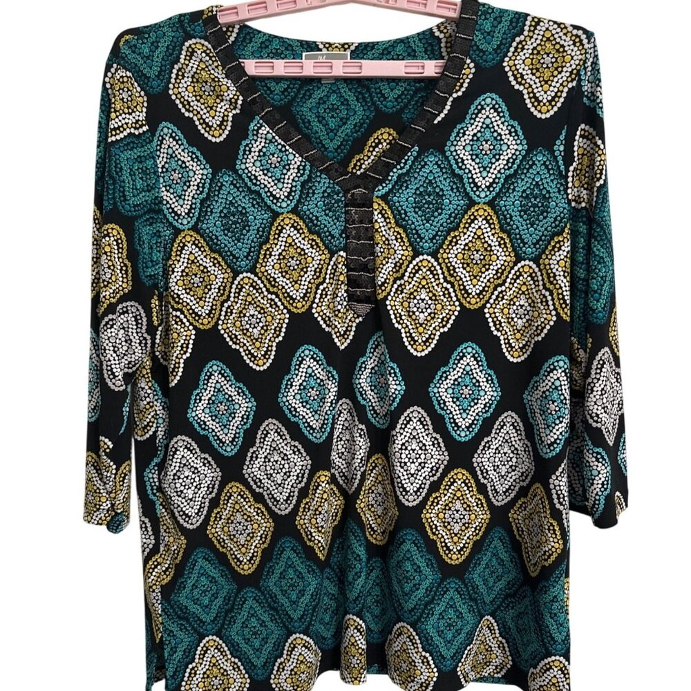 JM Collection Womens XL Multicolor Geometric Print 3/4 Sleeve Top Career Elegant